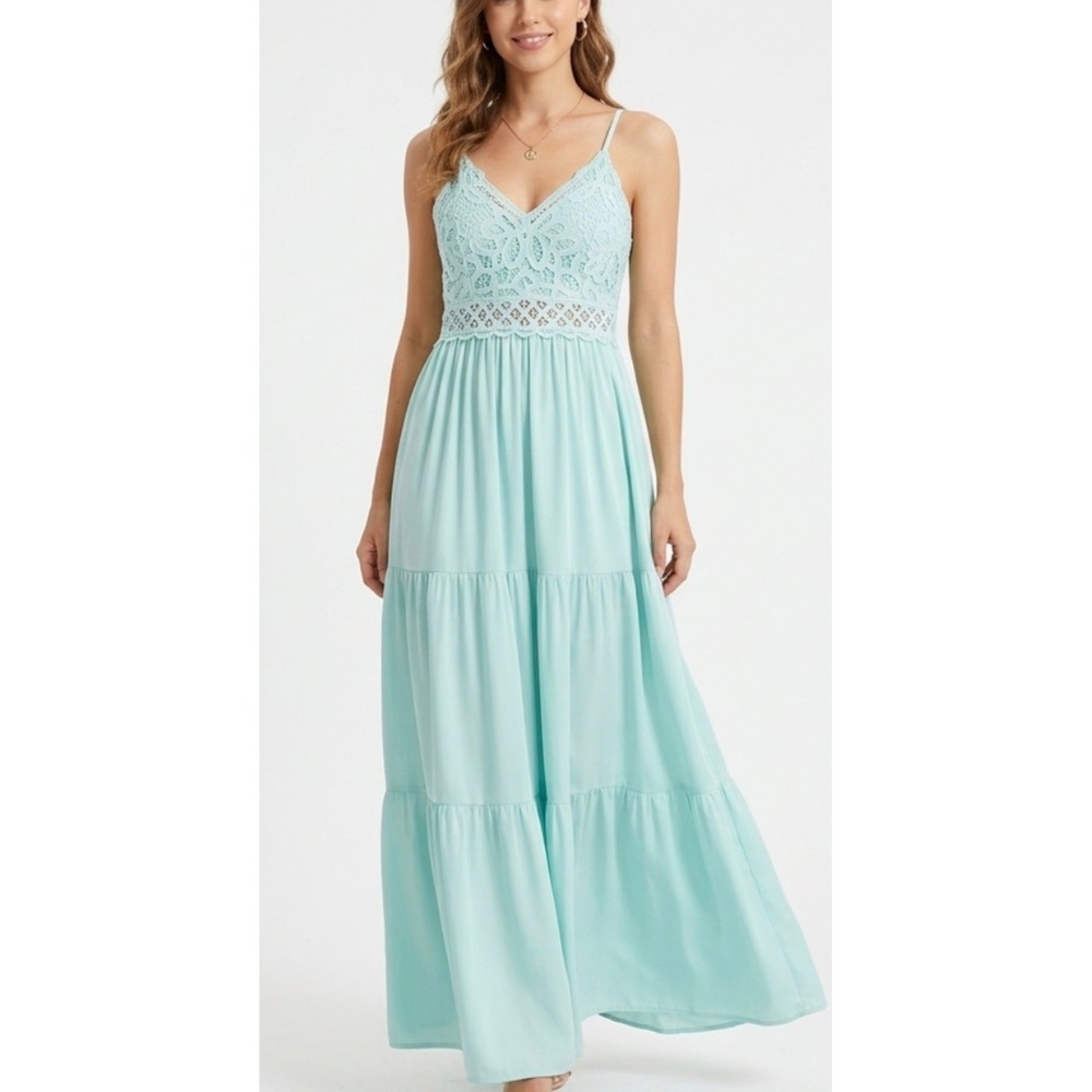 Aqua Blue Crochet Lace Tiered Maxi Dress NWT Size Lg Boho Sundress Vacation